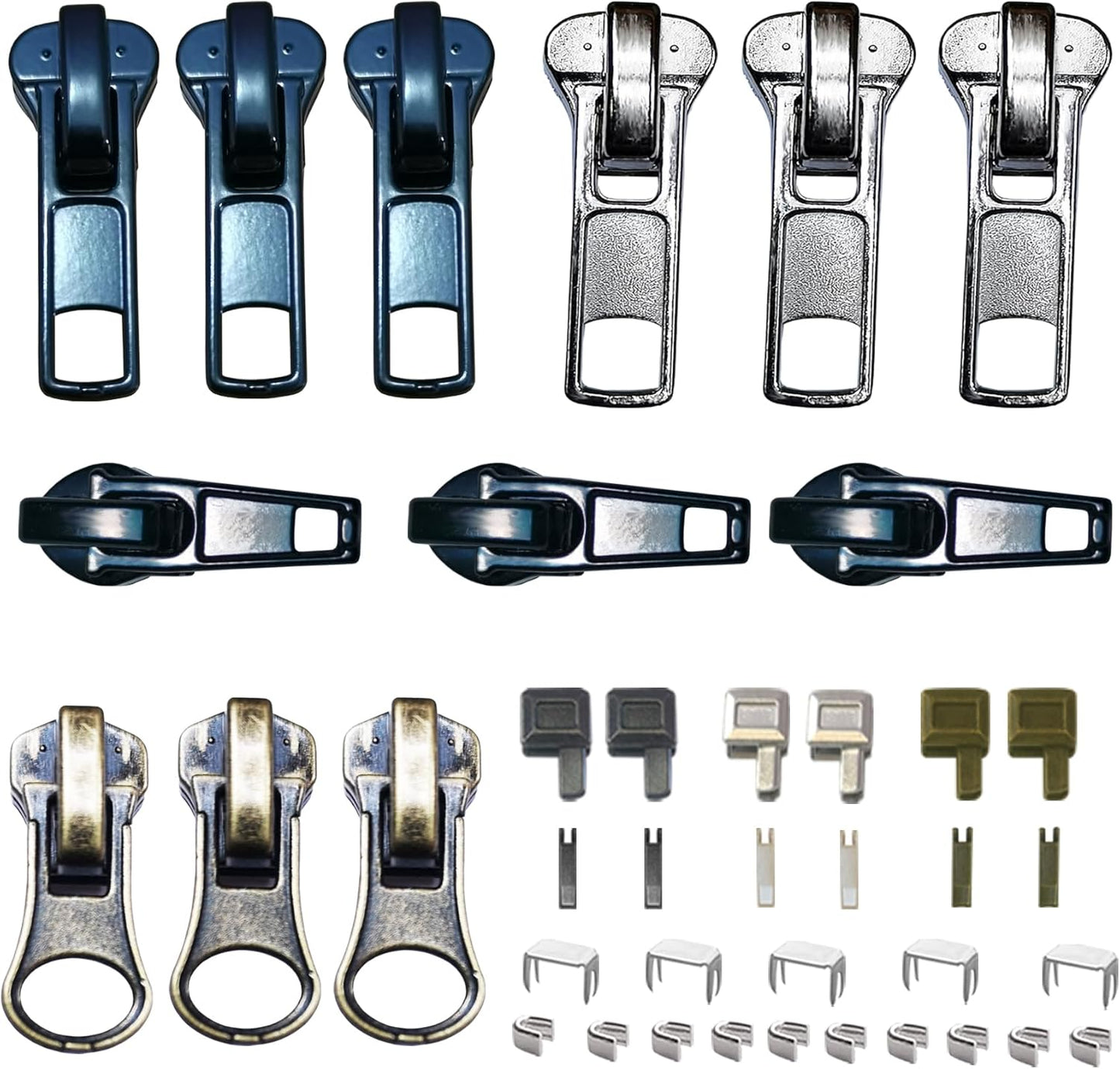 Zipper Repair Kit 39 Pcs, #5 Sliders with Pull, Metal Zippers Retainer Box,Insertion Pin 6 Sets, Replacement Zip Bottom/Top Stop, Metal, Plastic, Nylon Coil Zippers Head FIx on Jaceket