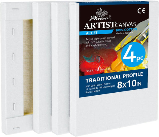 PHOENIX 8x10 Inch 4 Pack Artist Canvas - Small Stretched Canvases for Painting - 3/4 Inch Profile, 100% Cotton 11 Oz. Gesso Primed White Blank Professional Canvas Oil & Acrylic Paints