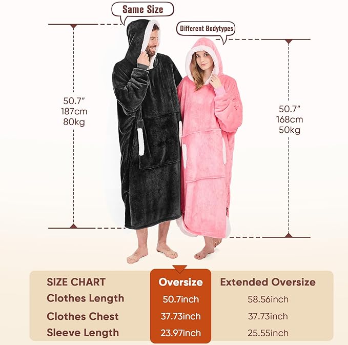 yescool Wearable Blanket Hoodie, Flannel Sherpa Fleece Blanket Sweatshirt for Adults Women Men,One Size Fits All