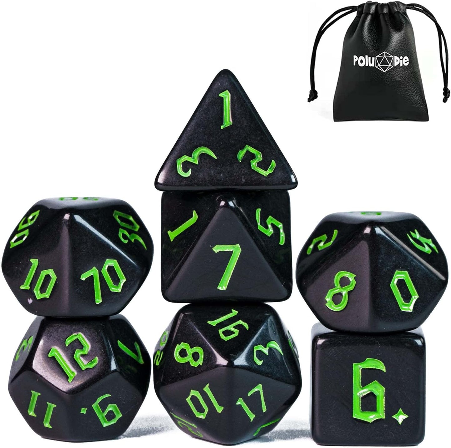 7-Die DND Dice Set Polyhedral Dice Set with a Leather Dice Bag, D&D Dice Set for Dungeons and Dragons, RPG Table Games (Black)