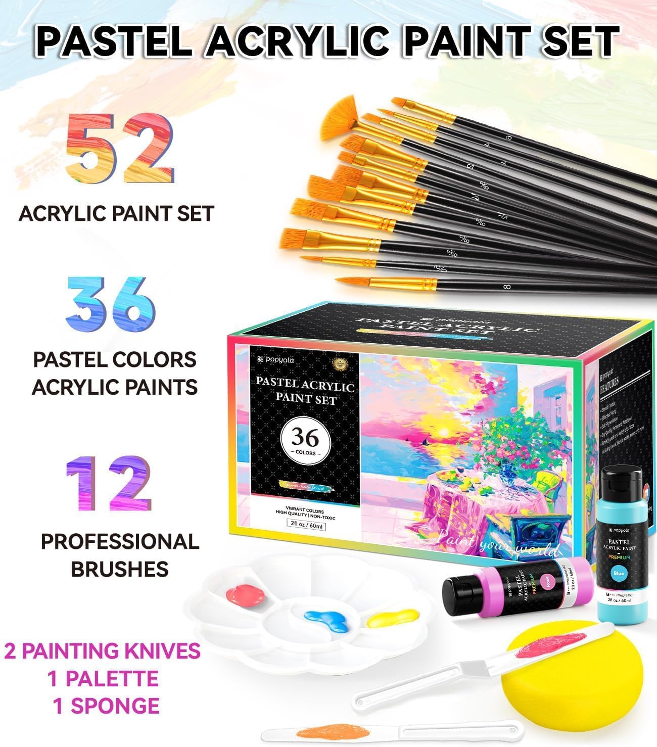 52 PCS Pastel Acrylic Paint Set with 12 Brushes, 2 Knives & Palette, 36 Colors (2oz/60ml) Art Craft Paint for Adults Kids Artists Beginners, Halloween Pumpkin Canvas Ceramic Rock Painting Kit