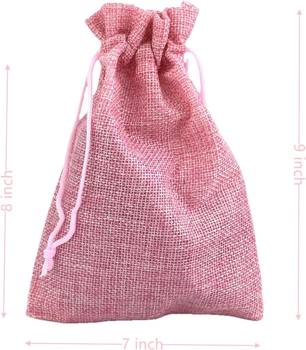 Palmhomee Pack of 25 Pink Burlap Gift Bags with Drawstring Linen Pouches (7x9 Inch) for Wedding, Birthday, Party Favors