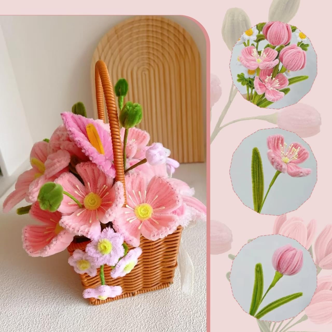 500 Pcs Pipe Cleaners Craft，5 Colors Pipe Cleaners Bulk,Chenille Stems Flowers Craft kit for DIY Handmade Bouquet Wrapping Party Decorations whit Ribbons，Stems,Tape，Stamens, Glue Sticks (Pink)