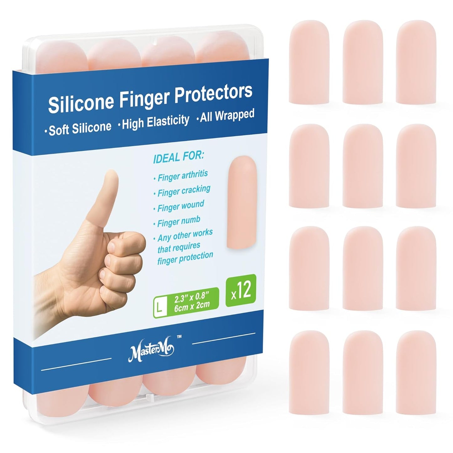 MasterMo Gel Finger Cots Protectors, Silicone Fingers Covers Bandages Caps Sleeves for Fingertip Thumb Protection, Ideal for Trigger, Arthritis, Cracking, Blisters, Callus, Hangnail & Pain Relief (Nude, L, 12PCS)