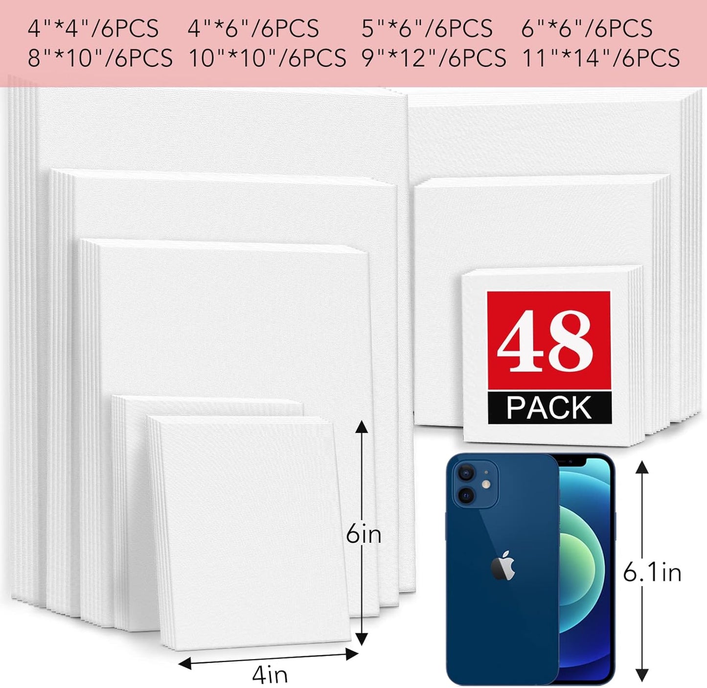 ESRICH 48 Pack Canvas Boards for Painting, 6Pcs of 4x4, 4x6, 5x6, 6x6, 8x10, 10x10, 9x12, 11x14 Canvas for Painting, Cotton Primed Blank Painting Canvas Panels for Oil, Acrylic, Watercolor