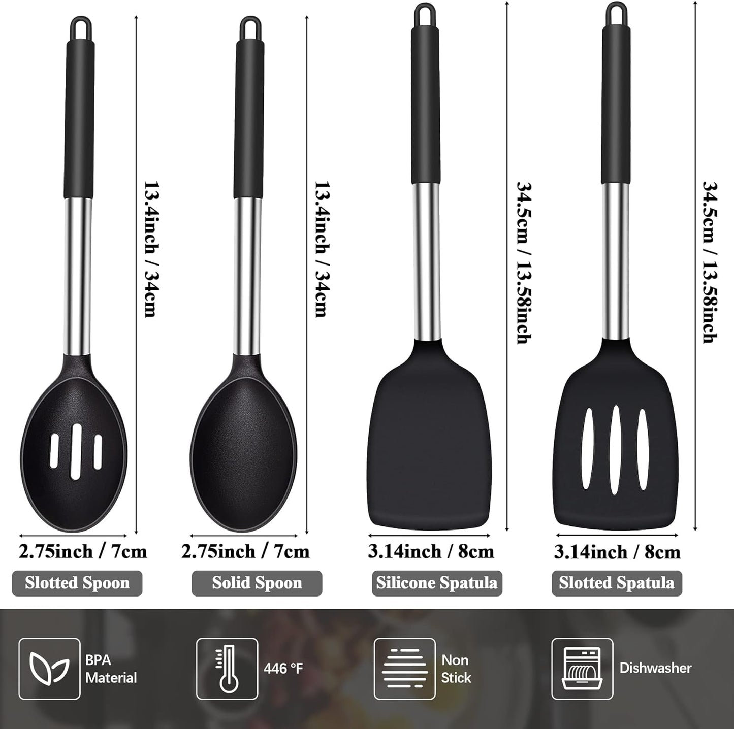 Silicone Spatula Spoon Set, 4 PCS Silicone Cooking Utensils Spatula Spoon Set with Stainless Steel Handle, BPA Free Kitchen Turners for Frying, Mixing, Serving, Draining, Turning, Stirring, Black