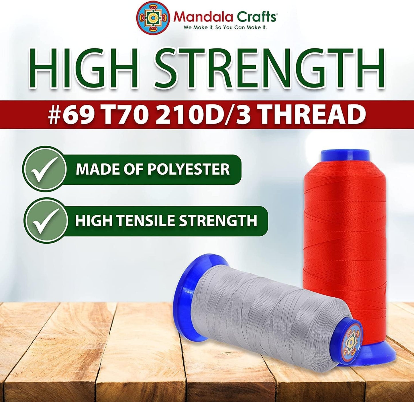 Mandala Crafts Khaki Heavy Duty Thread -1500 Yds Tex 70 Thread for Sewing Drapery Jeans Leather Hair - Bonded Polyester Thread Outdoor Marine Upholstery Threads
