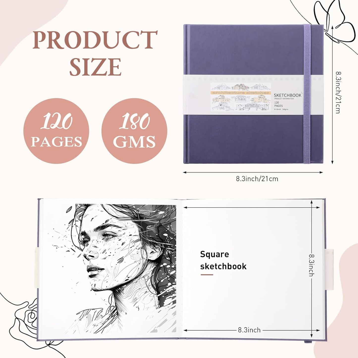 Moinchore Back to School Gifts Square Sketchbook 8 x 8 Inch Hardcover Art Sketch Book Drawing Papers 120 Pages, Mixed Media Journal Notebook with Elastic Closure Sketchbook for Drawing(Purple)