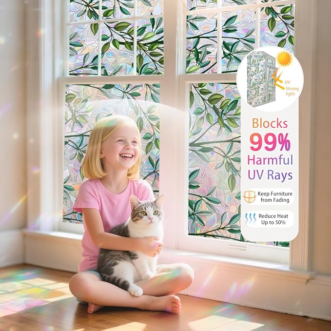 Leaf Stained Glass Window Film Static Cling with Tools - 45.2 x 78.7 Inch Non-Adhesive Privacy Decorative Rainbow Film for Windows, Doors, Sidelights - Easy Install & Remove