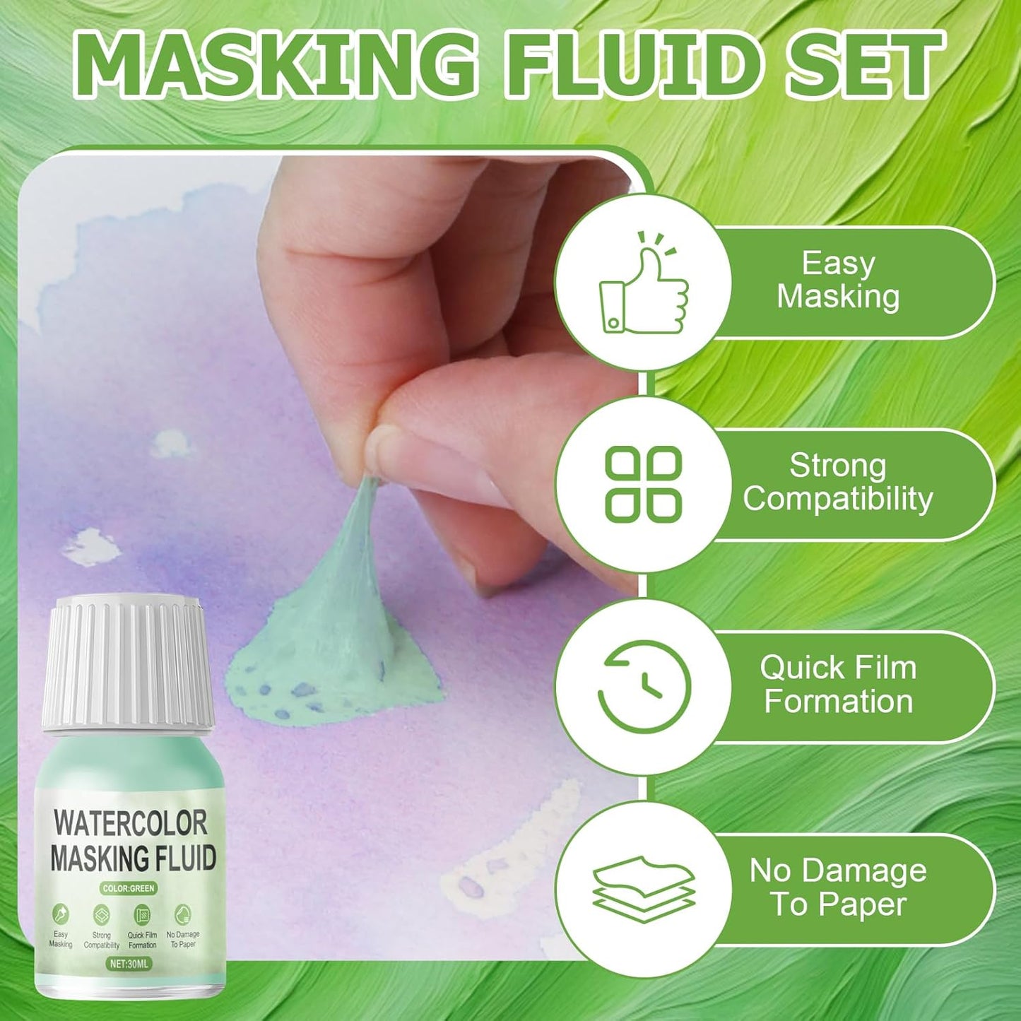 WANJAO Masking Fluid for Watercolor Painting, Liquid Masking Tape with Silicone Pens Cleaning Brush for Painting Fast Drying Easy Peel Use to Art Watercolor Supplies Retouching Covering, 30ml Green