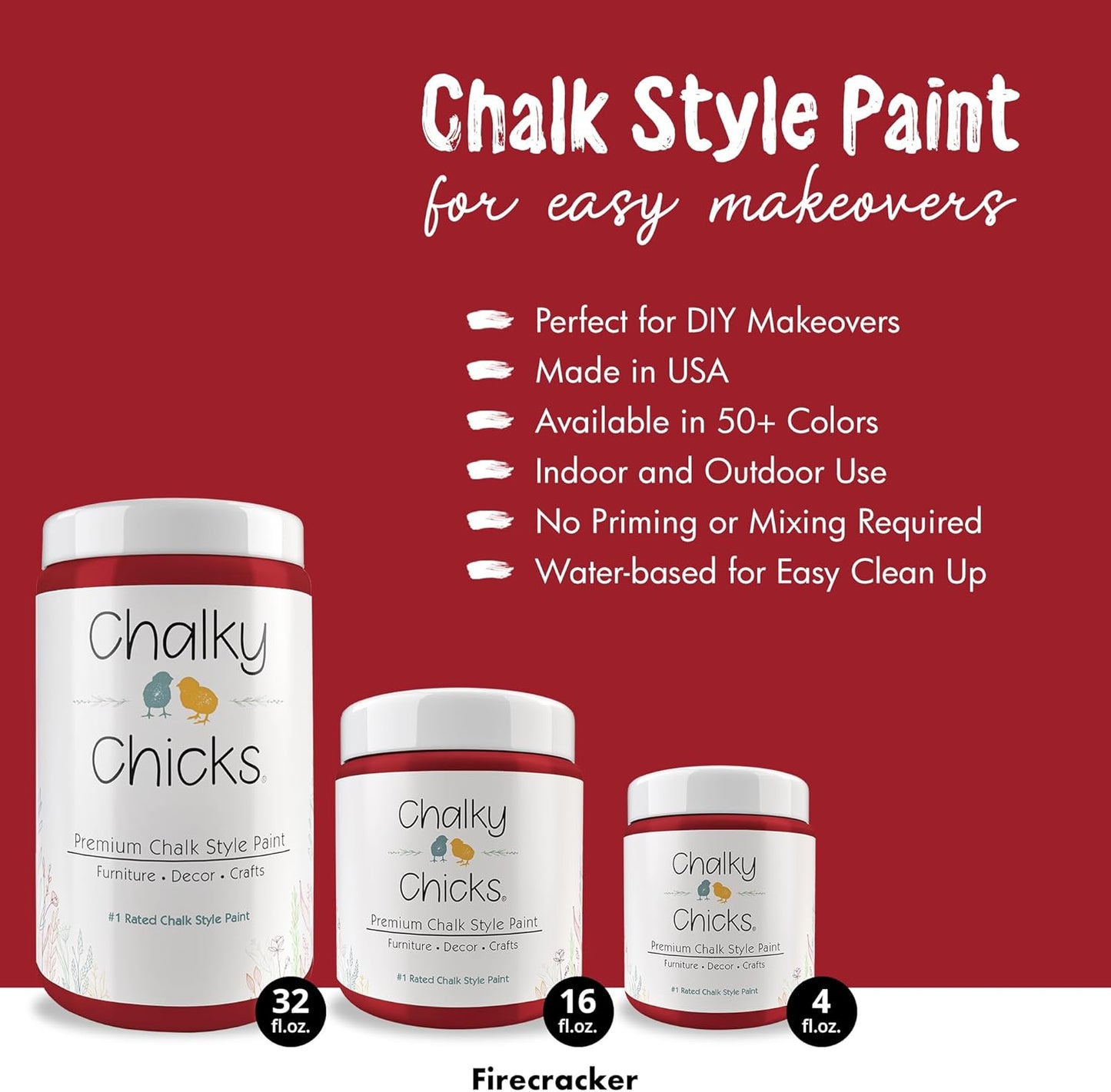 Chalky Chicks All-in-One Chalk Paint for Furniture or Cabinet - 16 Fl Oz - Matte Finish Firecracker (Red) for Metal, Wood Furniture Paint - No Sanding All-in-One for Home Decor & Crafts, USA Made
