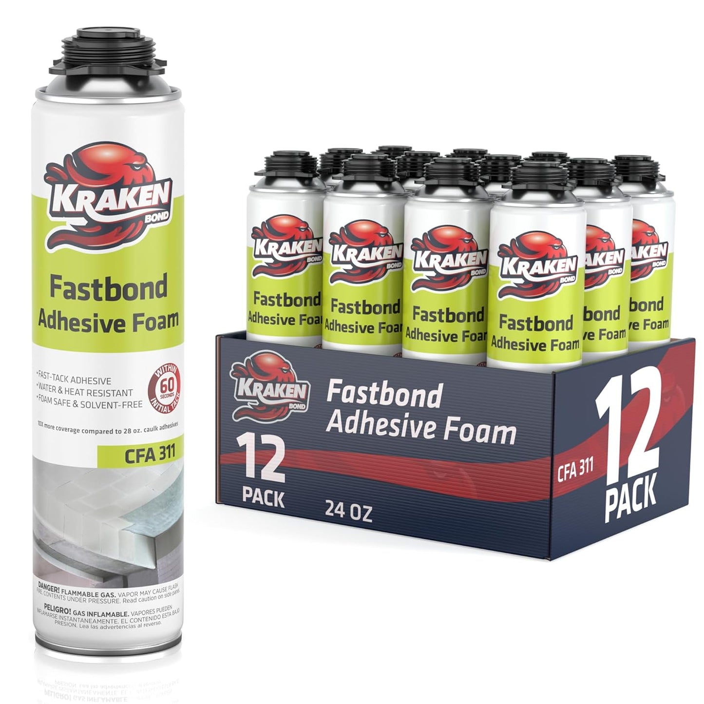 Kraken Bond Fastbond Spray Foam Adhesive (12x24oz.) - Heavy Duty Construction Adhesive for Insulation, Wall & Facade, Concrete, Stone, Subfloor, XPS & EPS Foam Board, Gun Not Included | 12 Pack