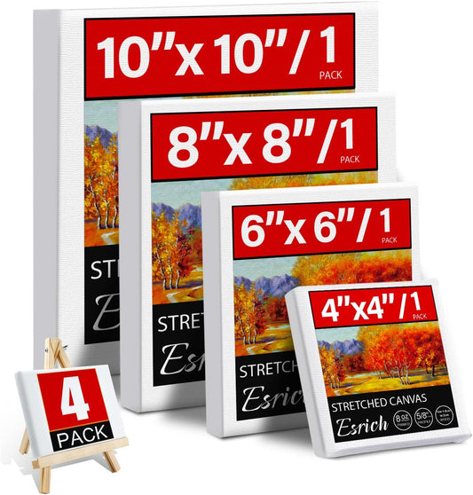 4 Packs Square Canvases for Painting with 4"x 4", 6"x 6", 8"x 8", 10"x 10", Painting Canvas for Oil & Acrylic Paint