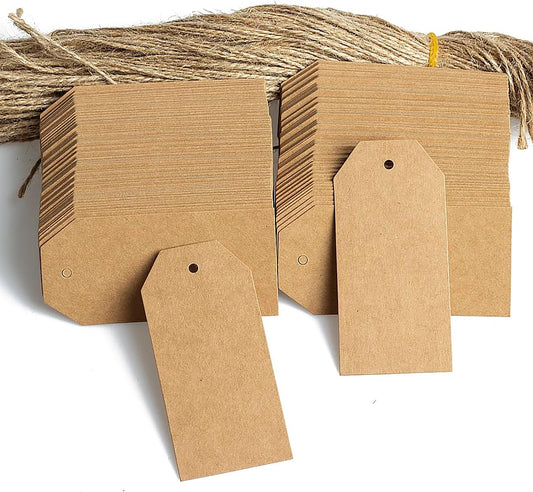 200PCS Kraft Paper Gift Tags with Natural Jute Twine,Blank Hang Tags for DIY Arts and Crafts Wedding Holiday Present, 3.7"x1.8", Brown