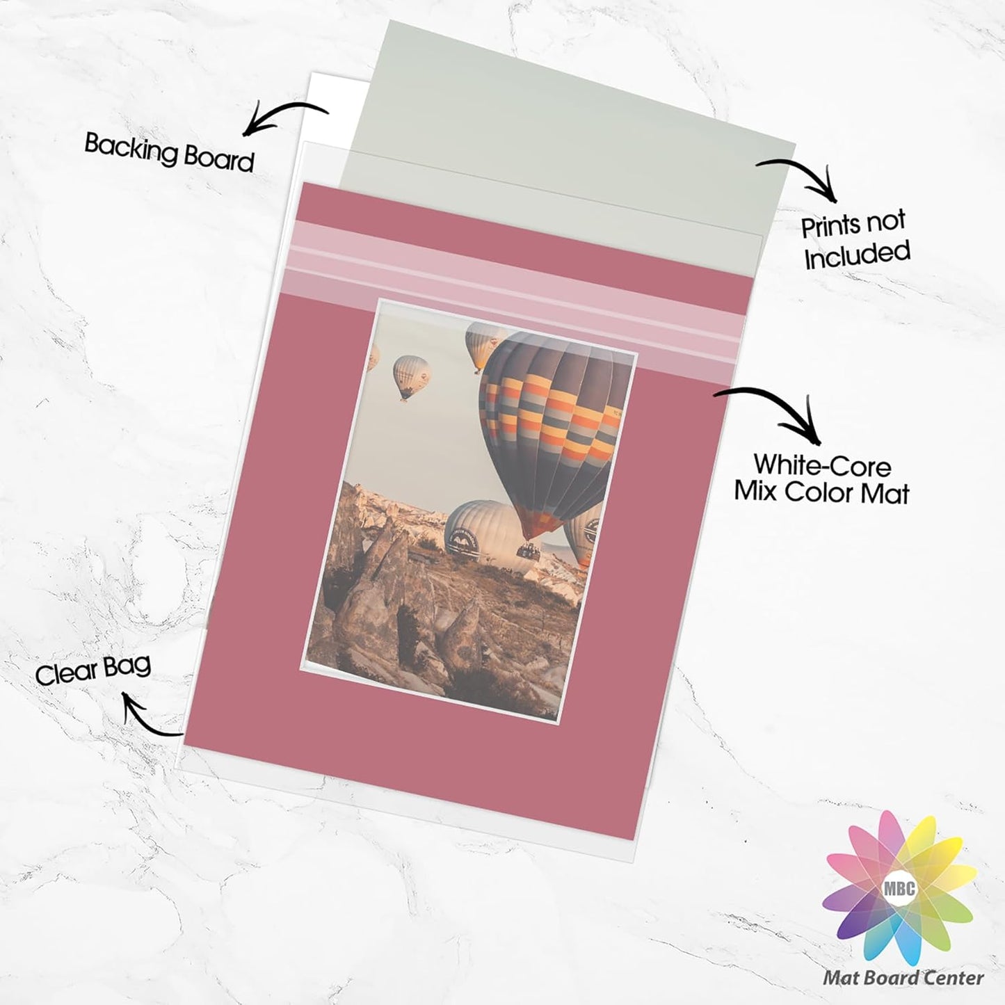 Mat Board Center, Pack of 25, 8x10 for 5x7 Mix Color Picture Mat Sets - Acid Free, 4-ply Thickness, Bevel Pre-Cut White Core - Includes Backing Boards and Clear Bags - for Pictures, Photos, Framing