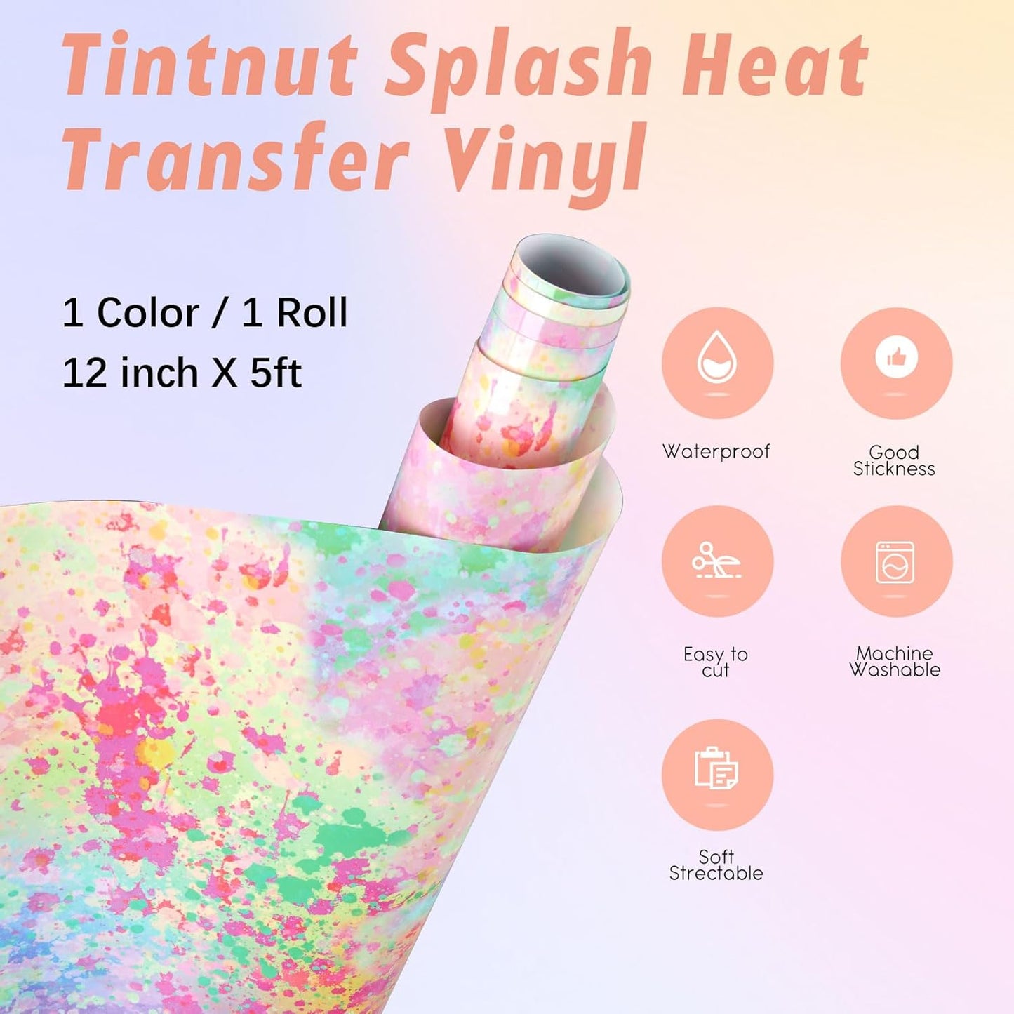 Tintnut Splash Heat Transfer Vinyl Roll - 12 Inch x 5ft Spring Color Watercolor Ink Patterned HTV Splatter Iron On Vinyl DIY T-Shirts Hats Clothes Canvas Bags for Cricut or Silhouette Cameo