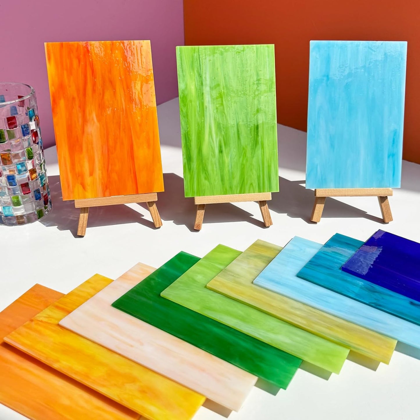 ILLUCKAI 12 Sheets Stained Glass Sheets Orange Green Blue Colors, 4 x 6 inch Cathedral Art Glass for Crafts, Stained Glass Supplies Mosaic Tiles for Projects