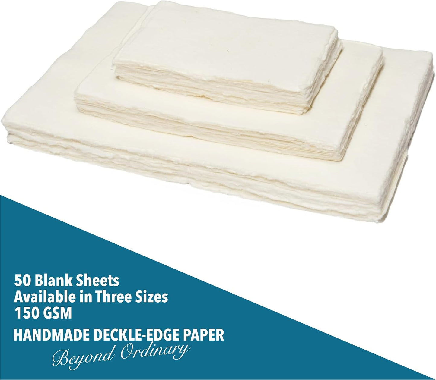 Wanderings Handmade A4 Cream Mixed Media Paper with Deckle Edge - 8.25x11.7-150 GSM - 50 Sheets Colored Cold Press Textured Paper Made with Recycled Cotton for Invitations Crafts Writers Watercolor