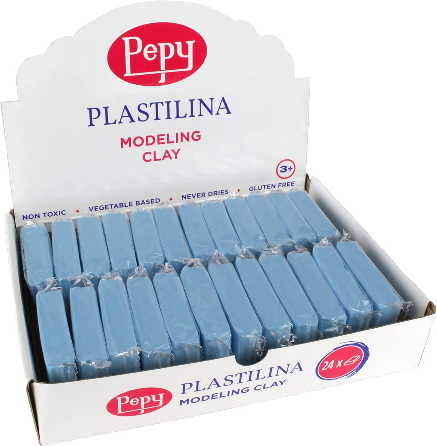 Pepy Plastilina Reusable and Non-Drying Modeling Clay; Set of 24 Bars, 1.4 Ounce Each, Perfect for Arts and Crafts Projects, Light Blue
