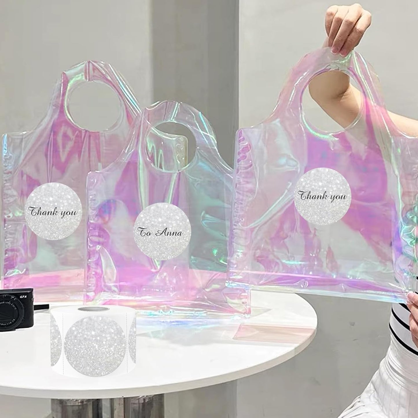 2" Circle Holographic Thermal Label Stickers, Round Printable Rainbow Glitter Thermal Printer Sticker Labels for Gift Wrapping, Self-Adhesive Name Price Tag DIY Custom Logo Design-Shiny Silver