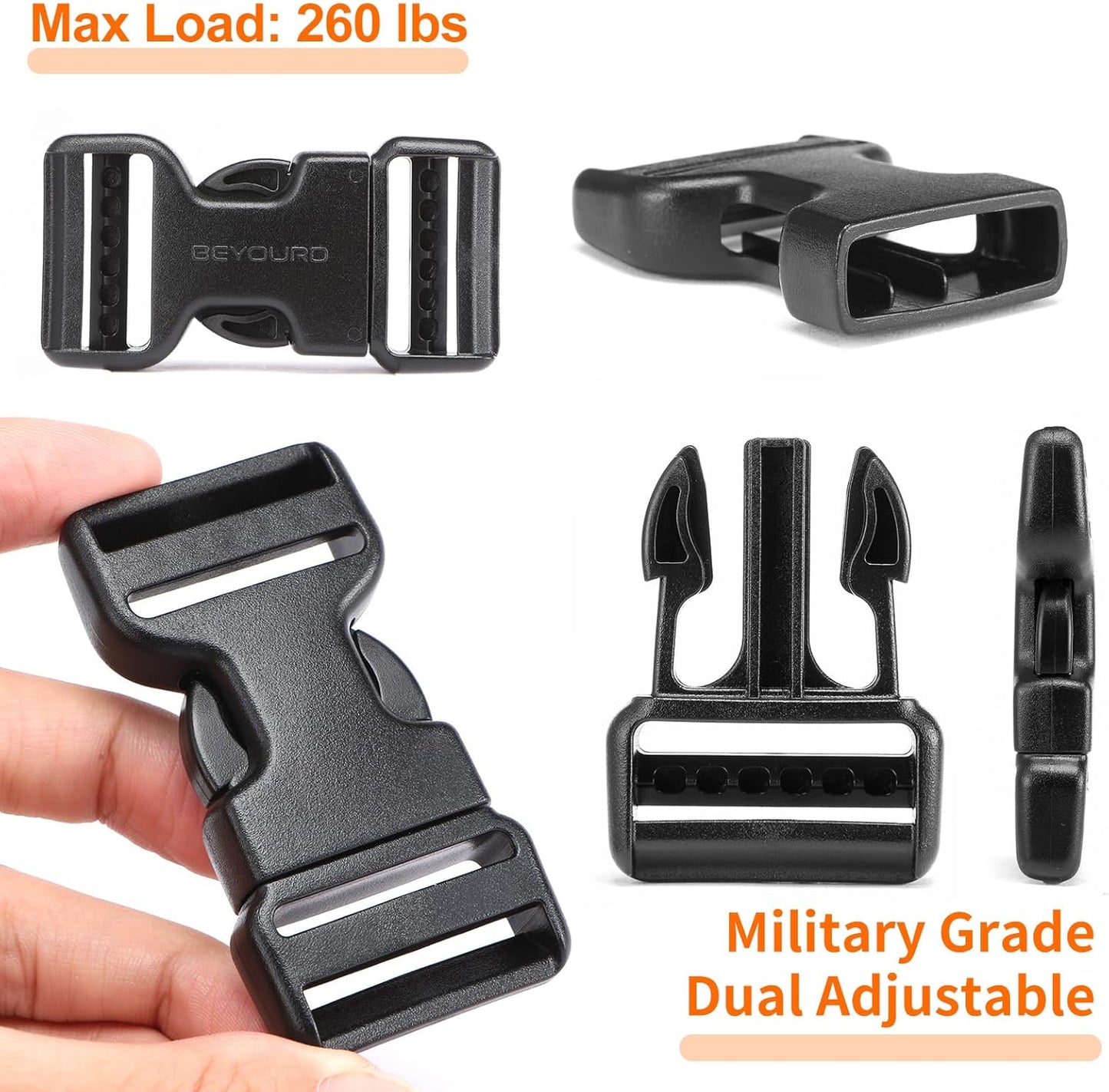 Heavy-Duty Buckles and Strap Set 1-1/4": 6 Yards of Thick Nylon Webbing, 6-Pack Adjustable Quick Side Release Plastic Buckles, 12 Tri-Glide Slide Clips, Black (1 1/4 Inch Combo Set)