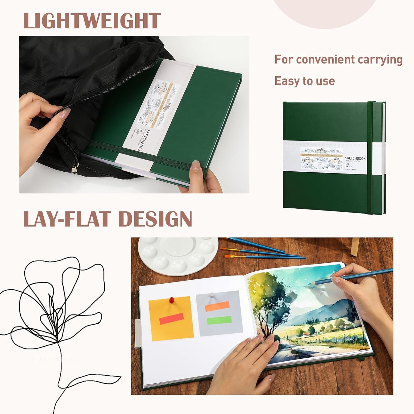 Moinchore Back to School Gifts Square Sketchbook 8 x 8 Inch Hardcover Art Sketch Book Drawing Papers 120 Pages, Mixed Media Journal Notebook with Elastic Closure Sketchbook for Drawing(Green)