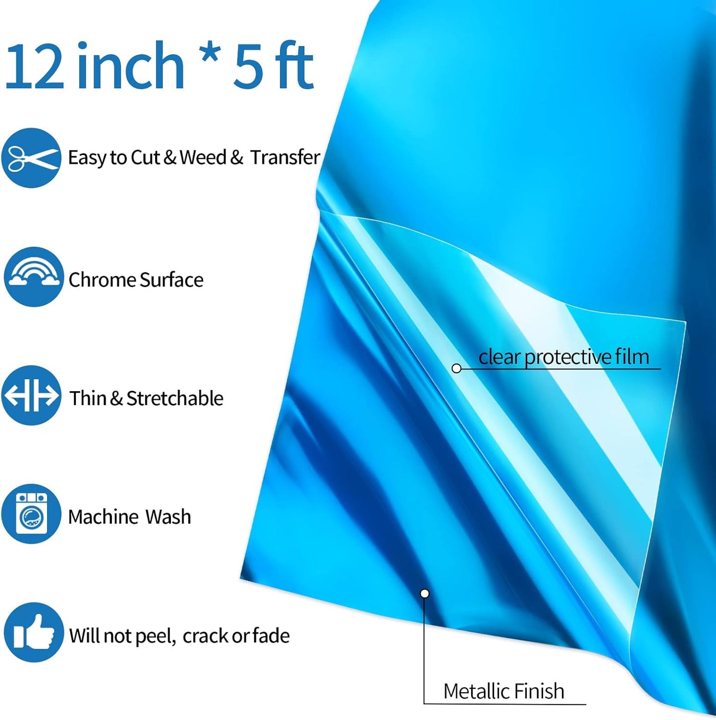 VINYL FROG Metallic Foil HTV Vinyl Roll 12" x5ft Blue Heat Transfer Vinyl Chrome Iron on Vinyl Easy to Cut & Weed DIY Heat Press Design for T-Shirts