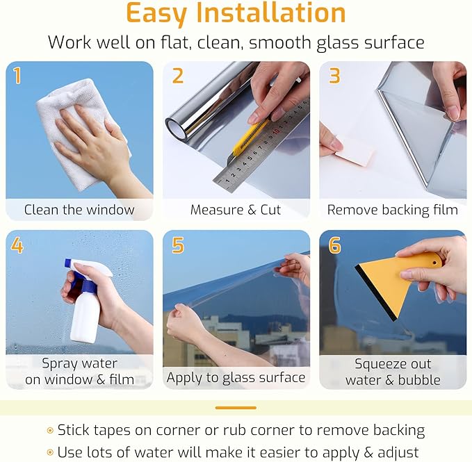 LUTE One Way Window Privacy Film, Window Tint for Home, Sun Blocking UV Heat Blocker, See Out Not in Reflective Mirror Film, Removable Static Cling Glass Door Coverings, Silver, 23.6" x 78.7"