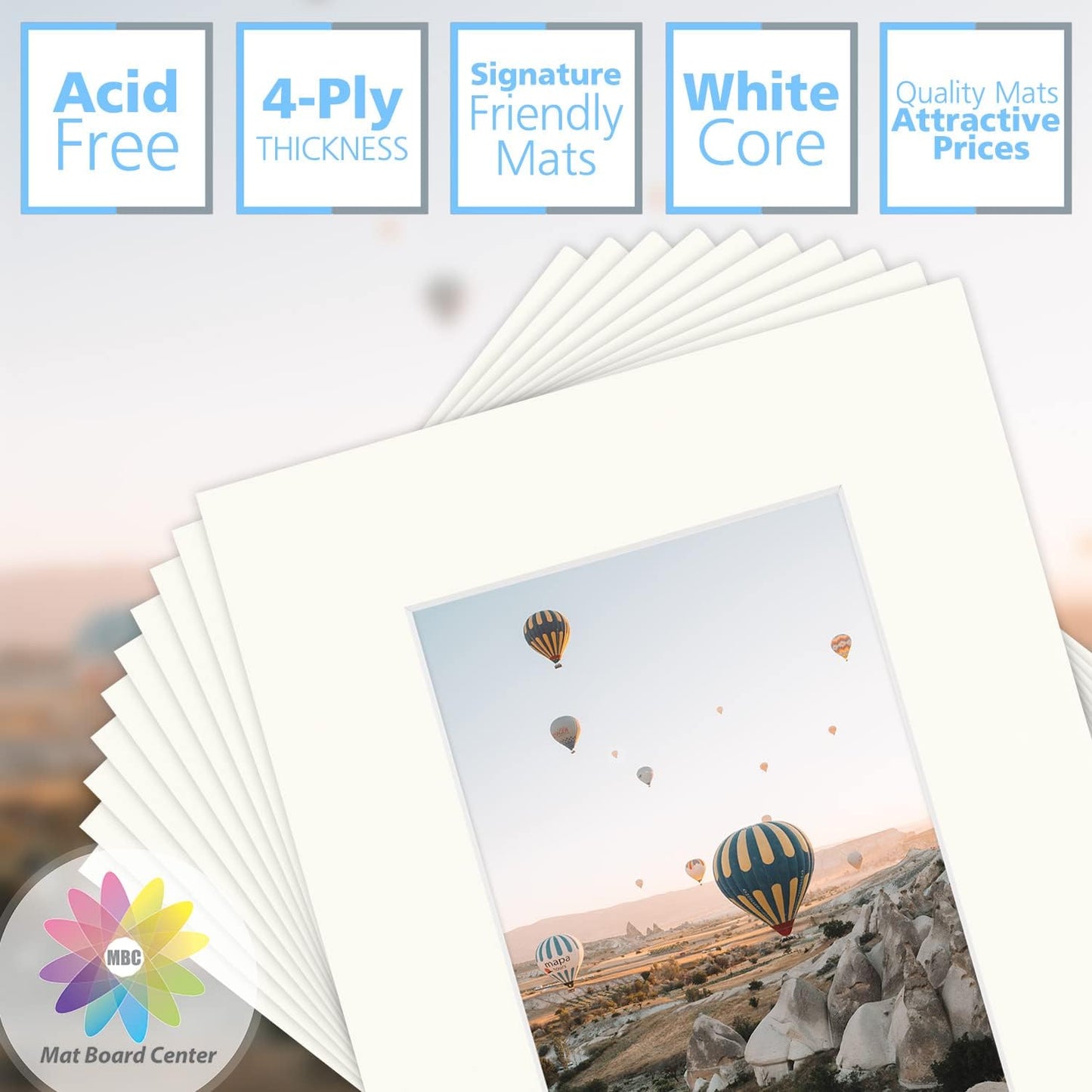 Mat Board Center, Pack of 10, 8x10 for 5x7 Ivory Turret Color Mats - Bevel Cut, Acid Free, 4-ply Thickness, White Core - for Pictures, Photos, Framing