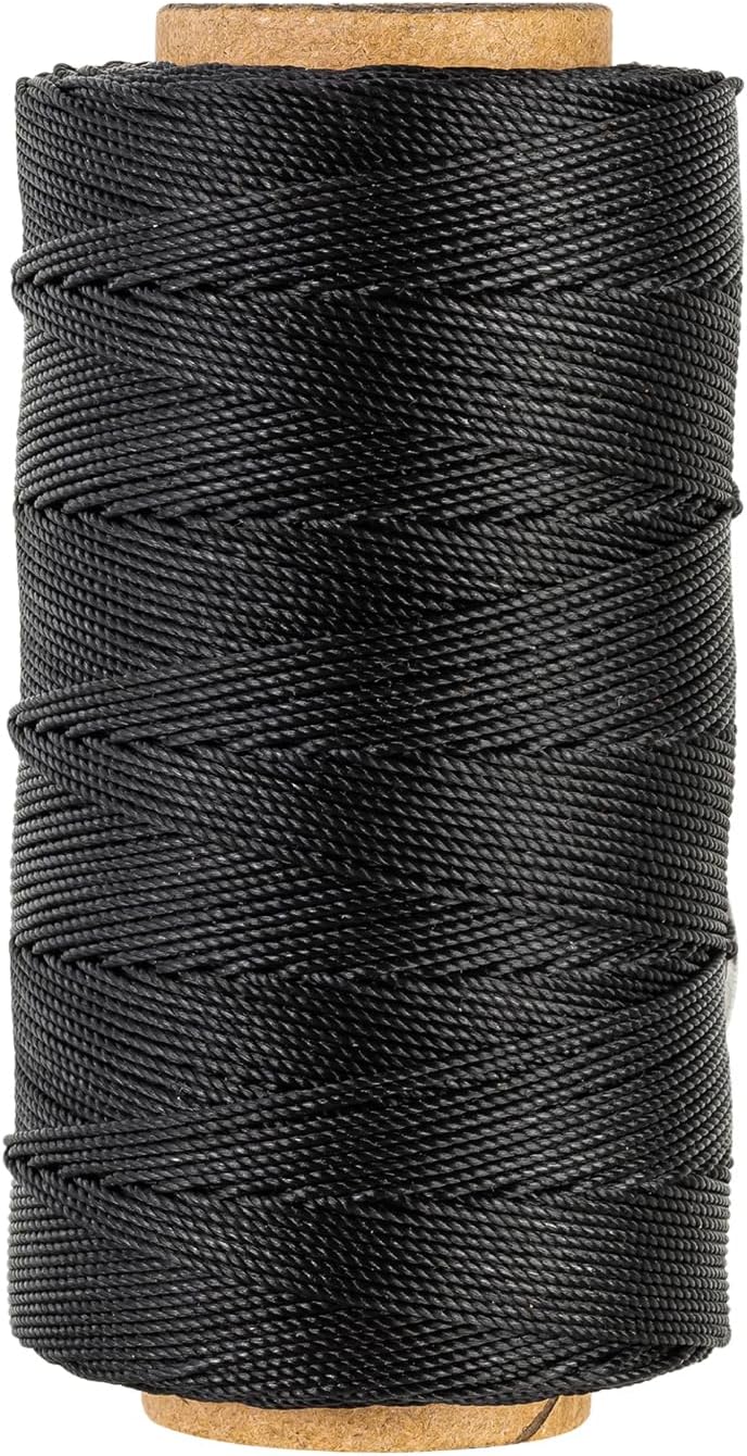 Bonded 0.8mm Round Waxed Polyester Cord, 3-ply Wax Coated Thread, 197 Yards Stiff String for Heavy Duty Fabric, Leather Sewing, Book Binding, Upholstery Repair, and Macrame Jewelry - Black