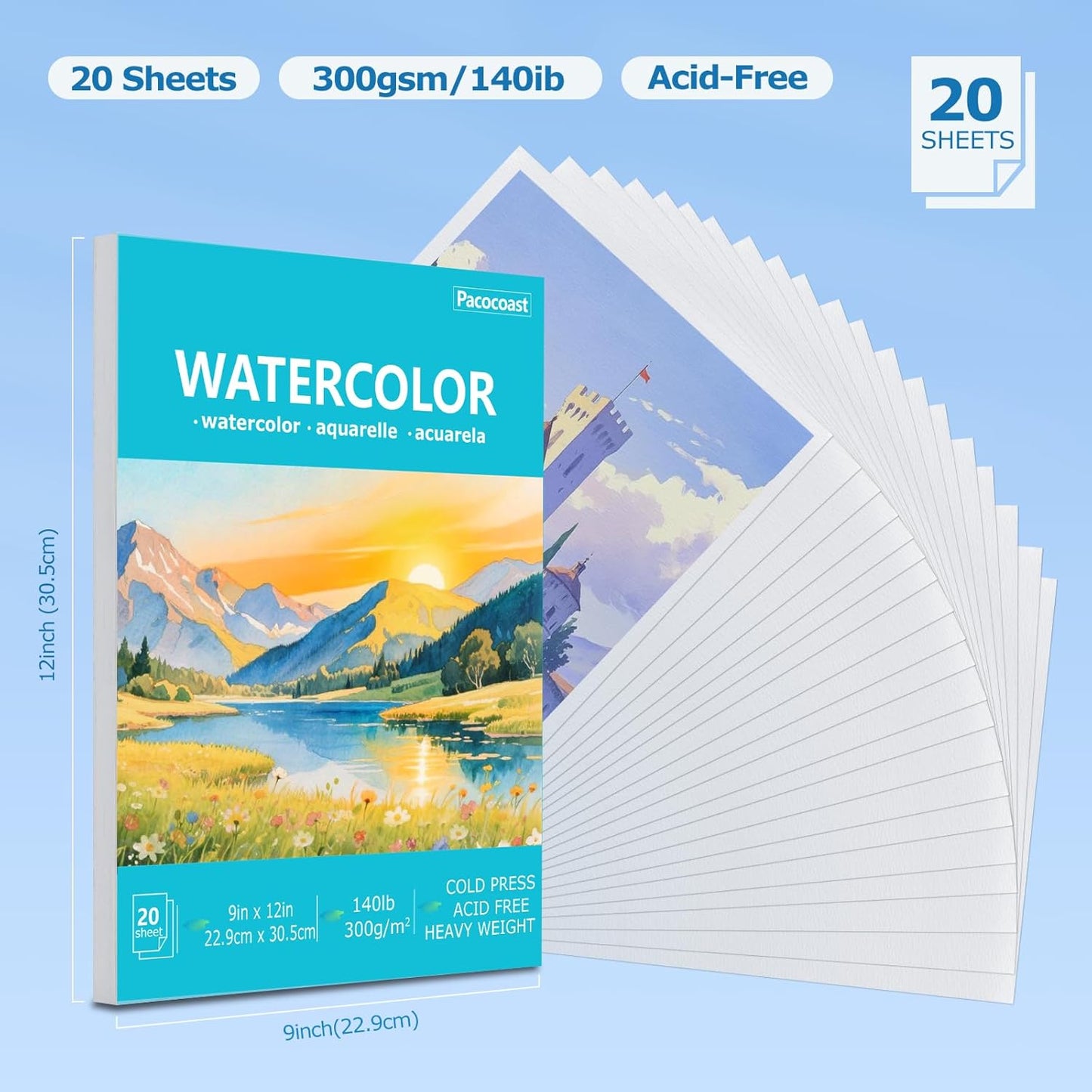 Pacocoast Watercolor Paper, 9"X12" Cold Press Artist Sketchbook, (300gsm/140lb) Water Color Pads for Acrylic, Gouache & Pencil. Painting Drawing Paper Book, Art Supplies for Adults & Kids, Teal
