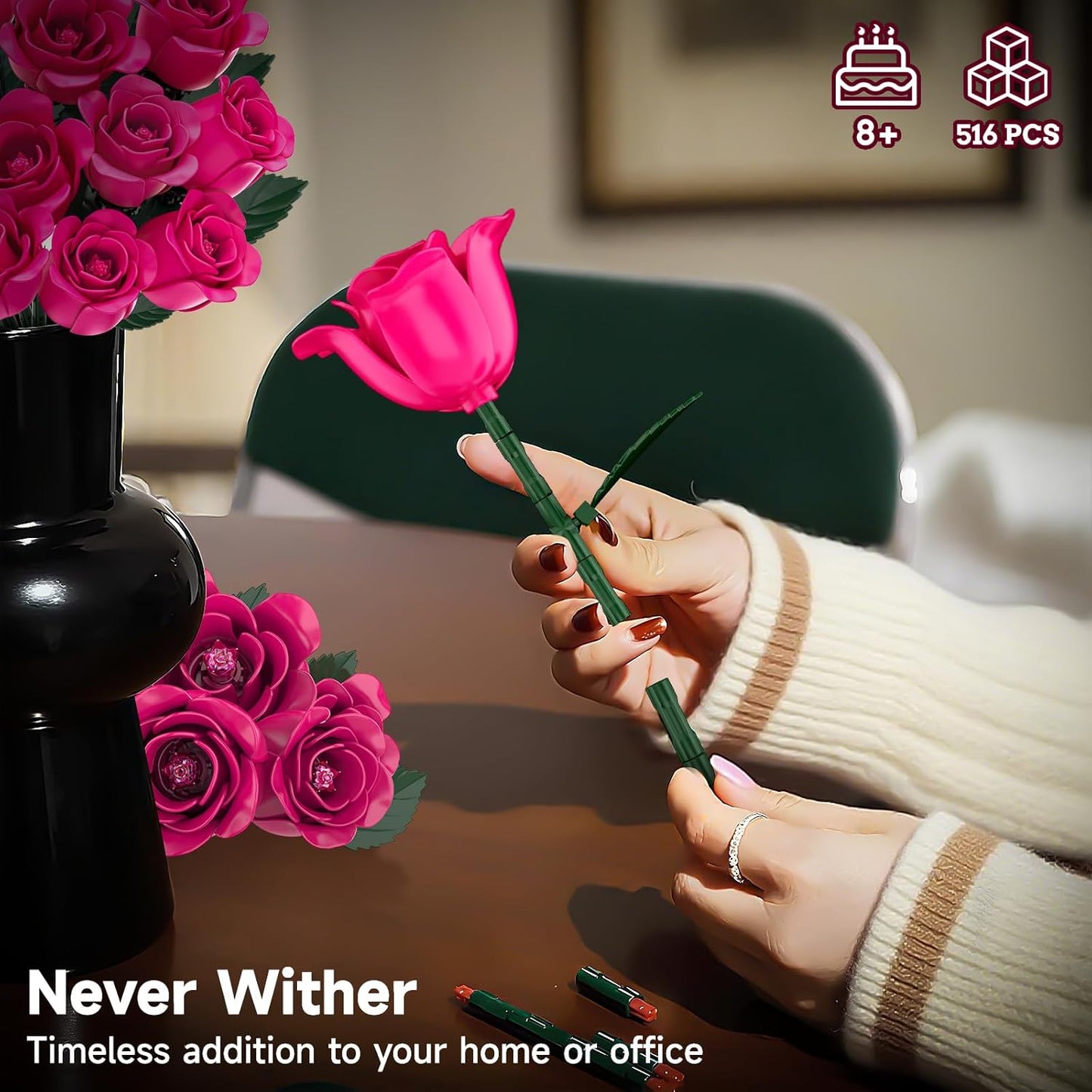 12 Everlasting Roses Bouquet Building Set, Gothic-Style Botanical Diary Series, Includes Heart-Shaped Gift Box Base, The Best Gifts for Your Wife and Family on Birthdays and Holidays (516 PCS)