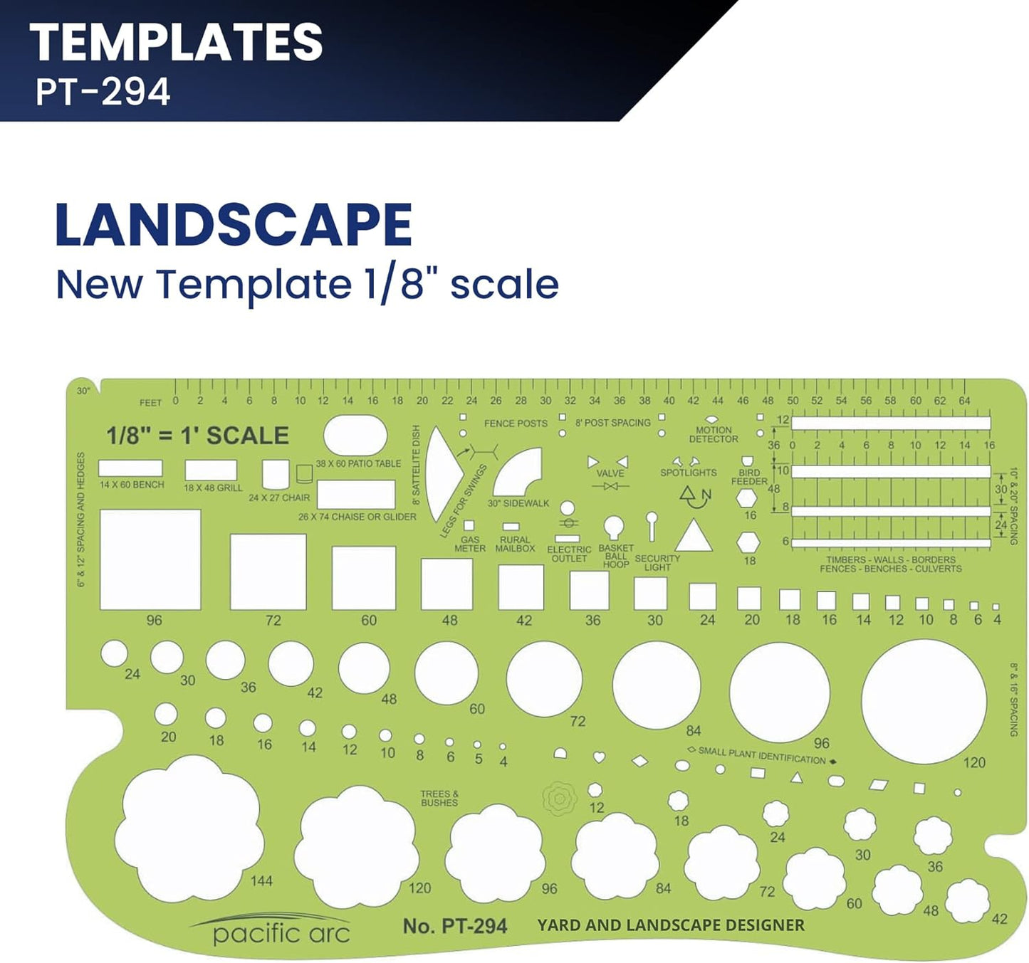Pacific Arc, Landscape Template, 1/8 inch Scale, Drawing aid Stencil for Professional or School Work. Size 4.75 x 8 in.