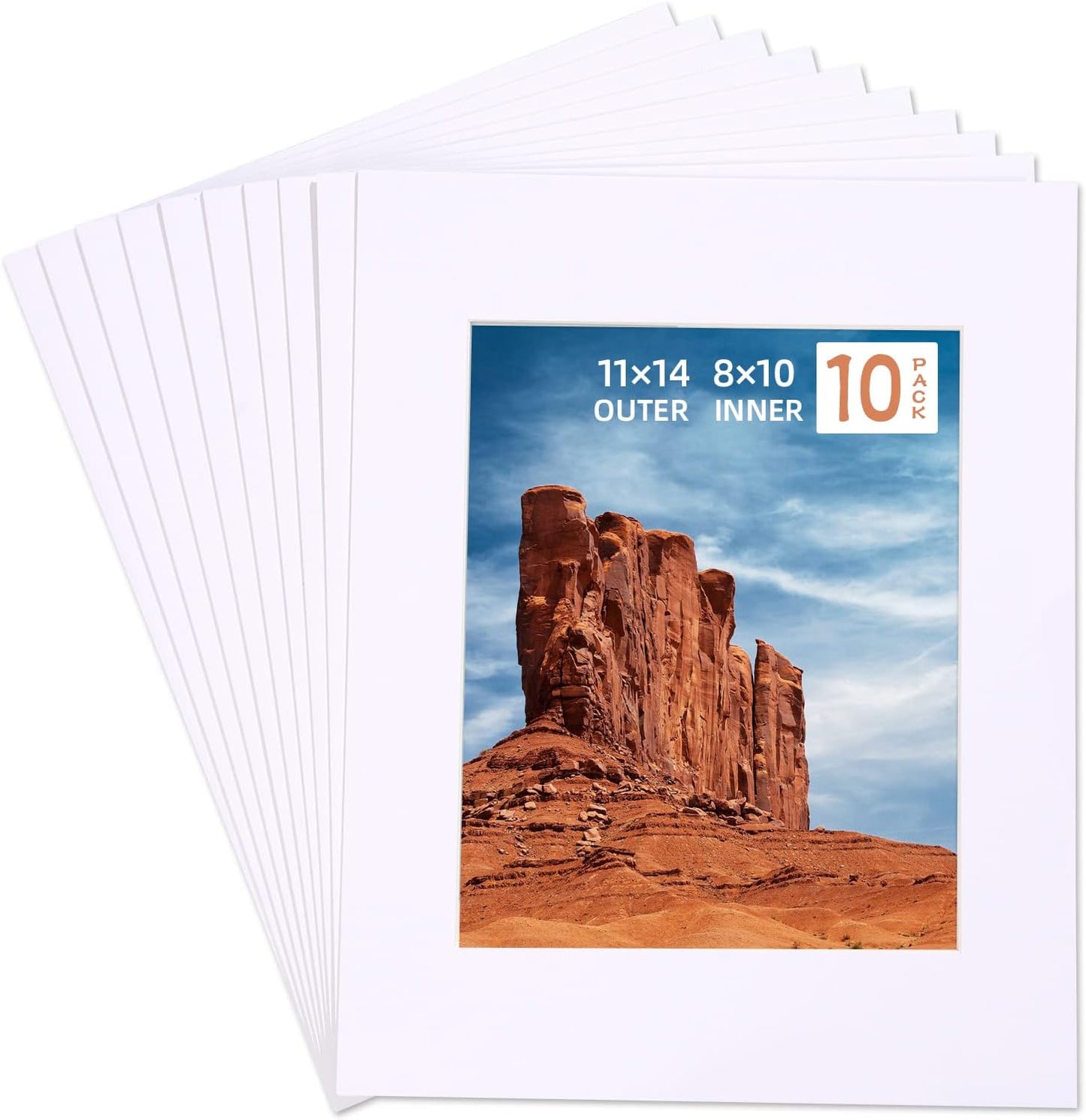 HOTUO 10 Pack Acid Free White Picture Frame Mats, Pre-Cut 11x14 Picture Mats with Ivory Core Bevel Cut for 8x10 Photo, Signature Friendly 4 Ply Thickness Photo Mat for Frames/Artwork/Print/Picture