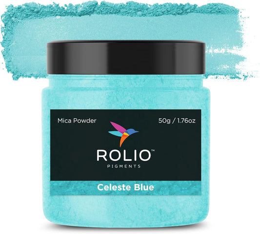 Rolio Premium Mica Powder - Celeste Blue (50G / 1.76oz) - 1 Jar of Blue Pigment Powder for Epoxy Resin, Dye, Soap Making, Nail Polish, Paint, Candle Making, Bath Bombs, Slime