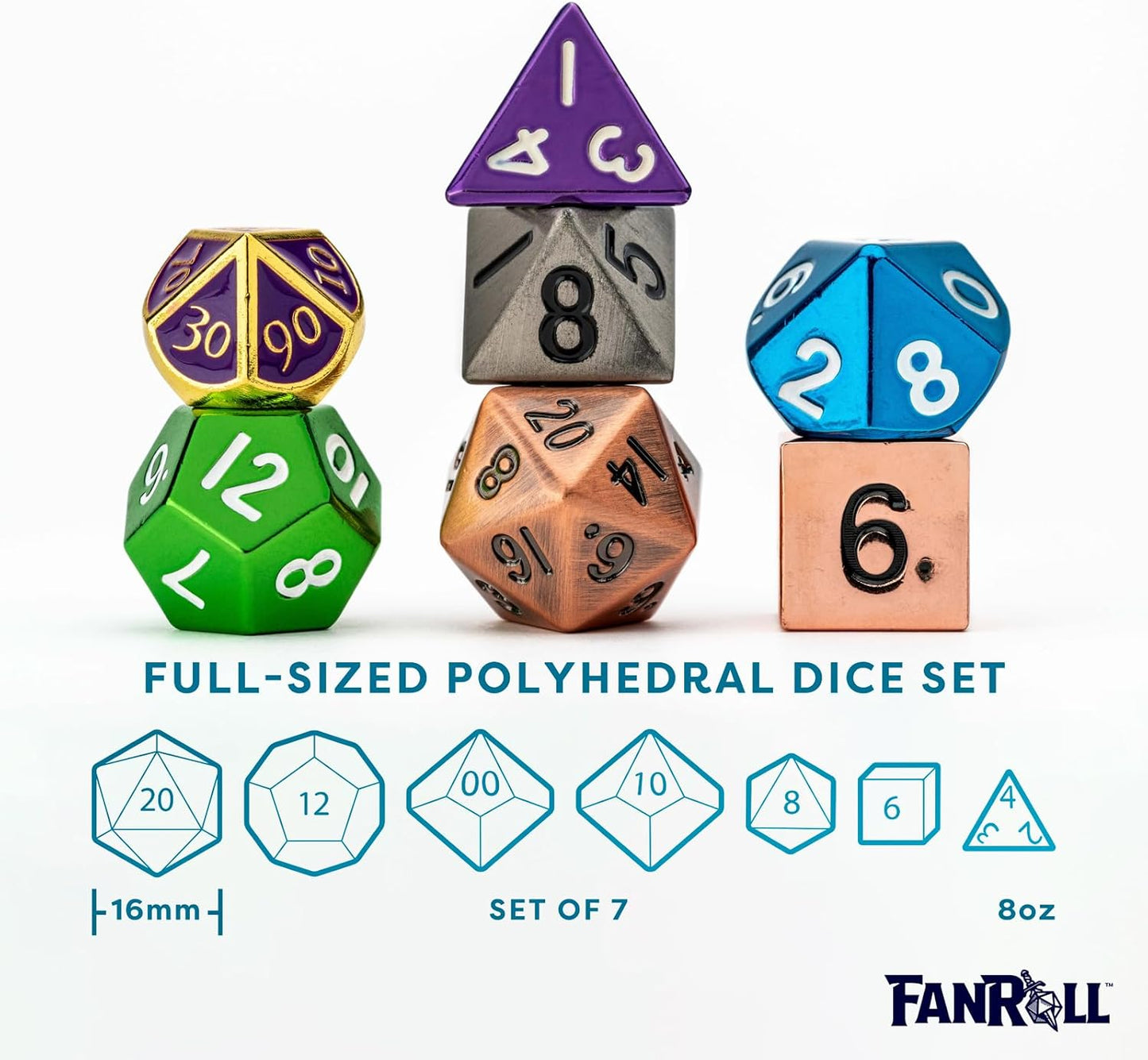 FanRoll Mystery Misfit Metals: Bag of 7 Assorted Polyhedral 16mm Metal Dice