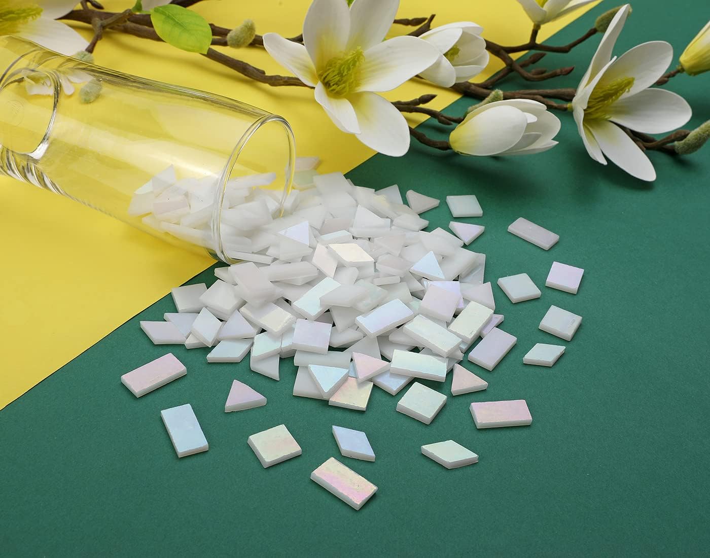 Lanyani Glass Mosaic Tiles for Art Crafts,4 Shapes Mixed Tiffany Stained Glass Pieces,200 Pieces,Square/Rectangle/Diamond/Triangle,Iridescent White