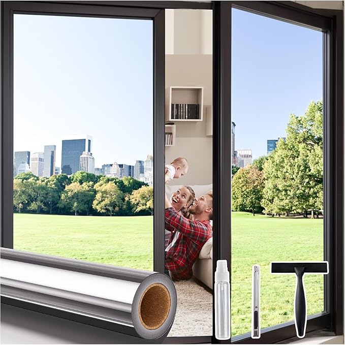 Coavas One Way Privacy Window Film,Daytime Window Tint for Home, Reflective Mirror Glass Window Film See Out Not in,Heat UV Blocking Anti-Glare Window Covers with 3 Tools, 35.4 x 394 Inch, Silver