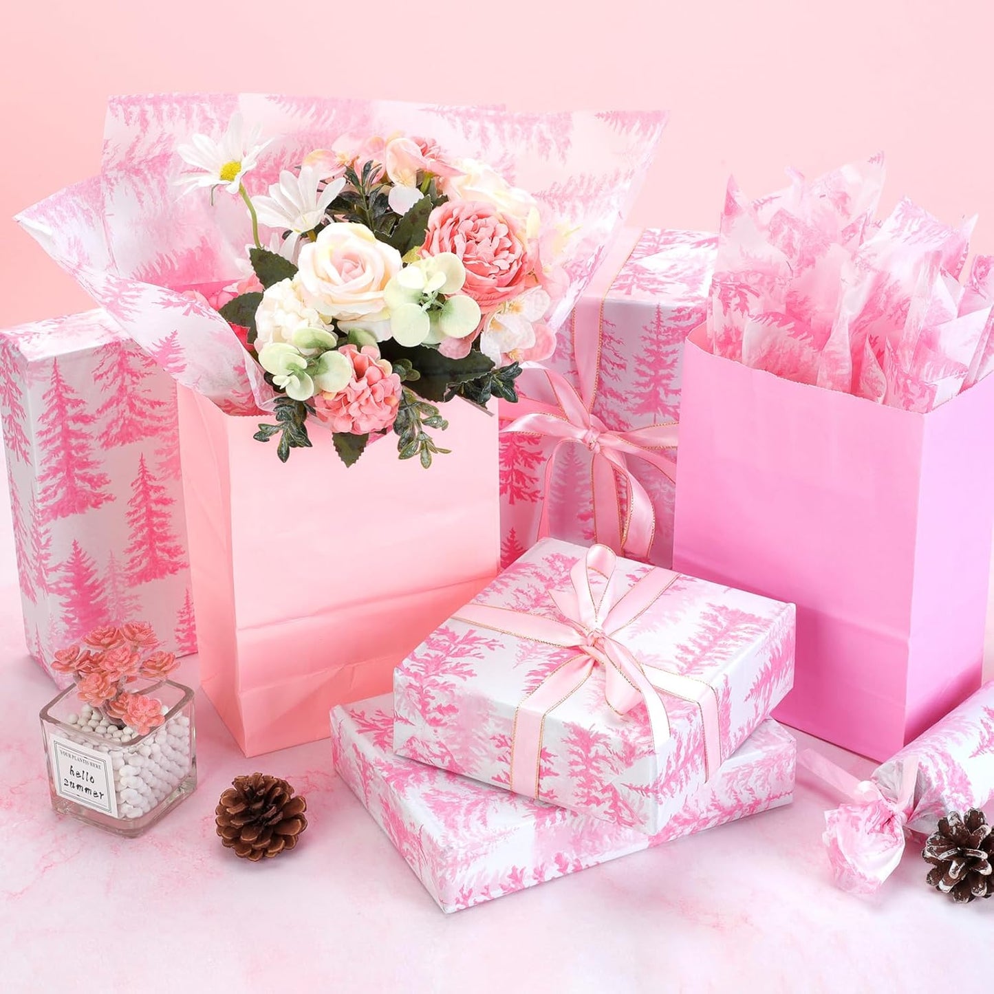 100 Sheets Christmas Tree Tissue Paper, 20x14in Forest Style Wrapping Tissue Watercolor Xmas Tree Art Tissue for Xmas Party Gift Bag Fillers Winter Party Decor (Pink)