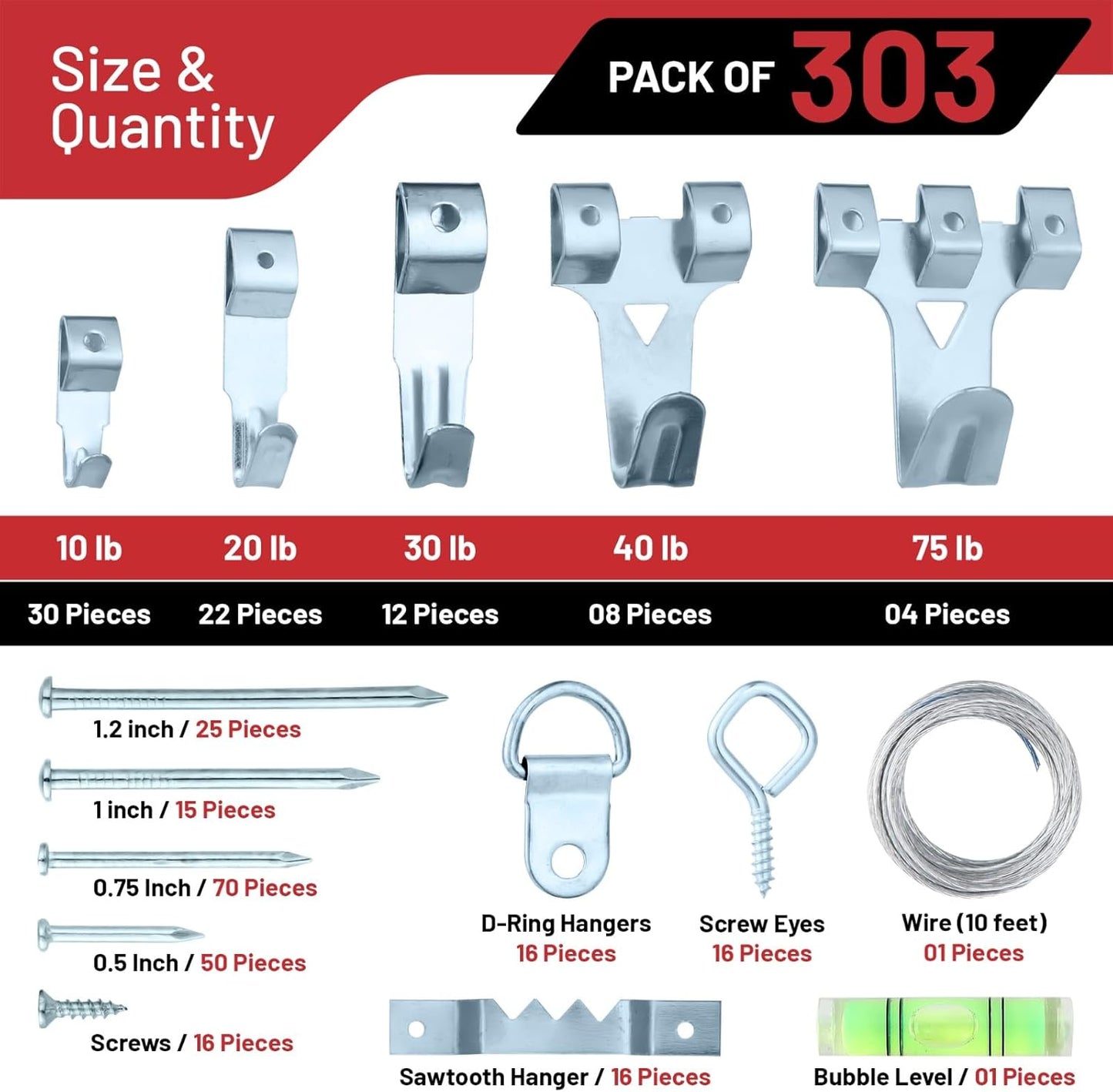 303-Piece Picture Hanging Assortment, Heavy Duty Hooks, Nails, Sawtooth, D-Rings, Wire, Level, and Metal Wall Hooks for Picture Framing and Canvas Mounting (Silver)