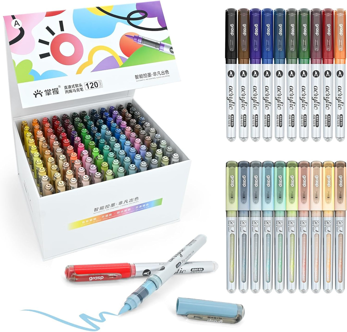 120 Colors Acrylic Paint Markers Set, Water Based Acrylic Paint Pens With Visual Ink Window,Soft Brush Tip Acrylic Markers for canvas, Egg, rock painting,Wood, Stone, Glass, Fabric and DIY Crafts Art