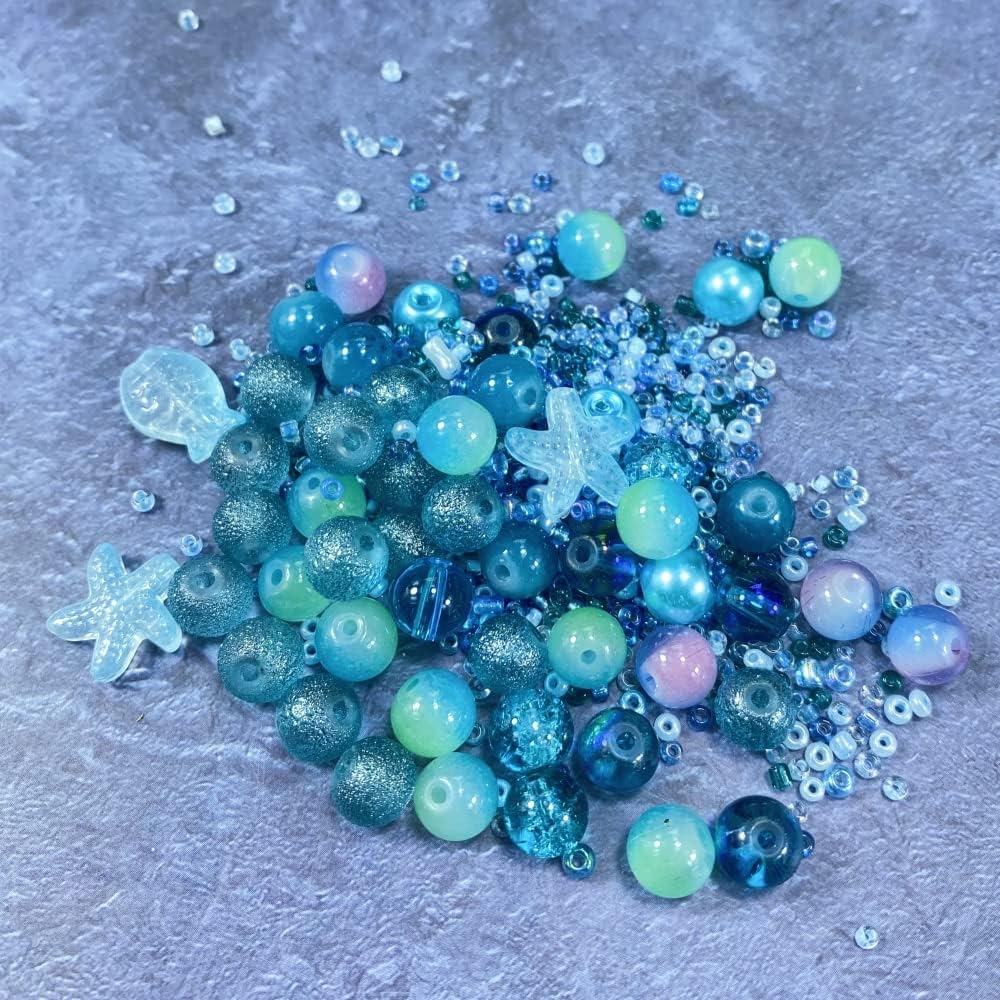 Assorted Glass Resin Beads Multi Size Colors Smooth Cracked Gravel Millet Spacer Beads for Bracelets Necklace Earring DIY Jewelry Making Craft(Starry Sky Blue Series)