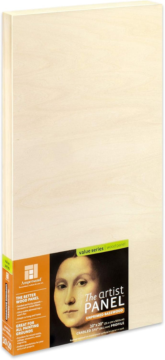 Ampersand Art Supply Unprimed Basswood Artist Panel, 1-1/2" Cradled Profile, 10"x20"