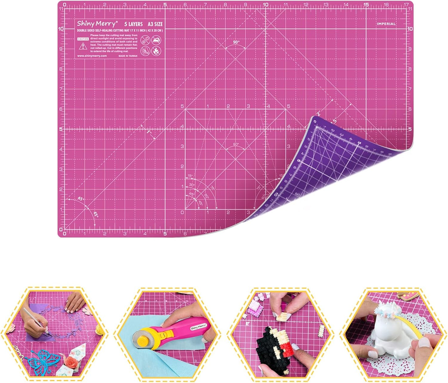 Self Healing Cutting Mat A3 12"x18" – Double Sided 5-Ply Craft Mat for Sewing, Quilting, Fabric, Scrapbooking – Pink/Purple