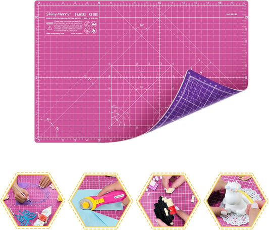 Self Healing Cutting Mat A3 12"x18" – Double Sided 5-Ply Craft Mat for Sewing, Quilting, Fabric, Scrapbooking – Pink/Purple