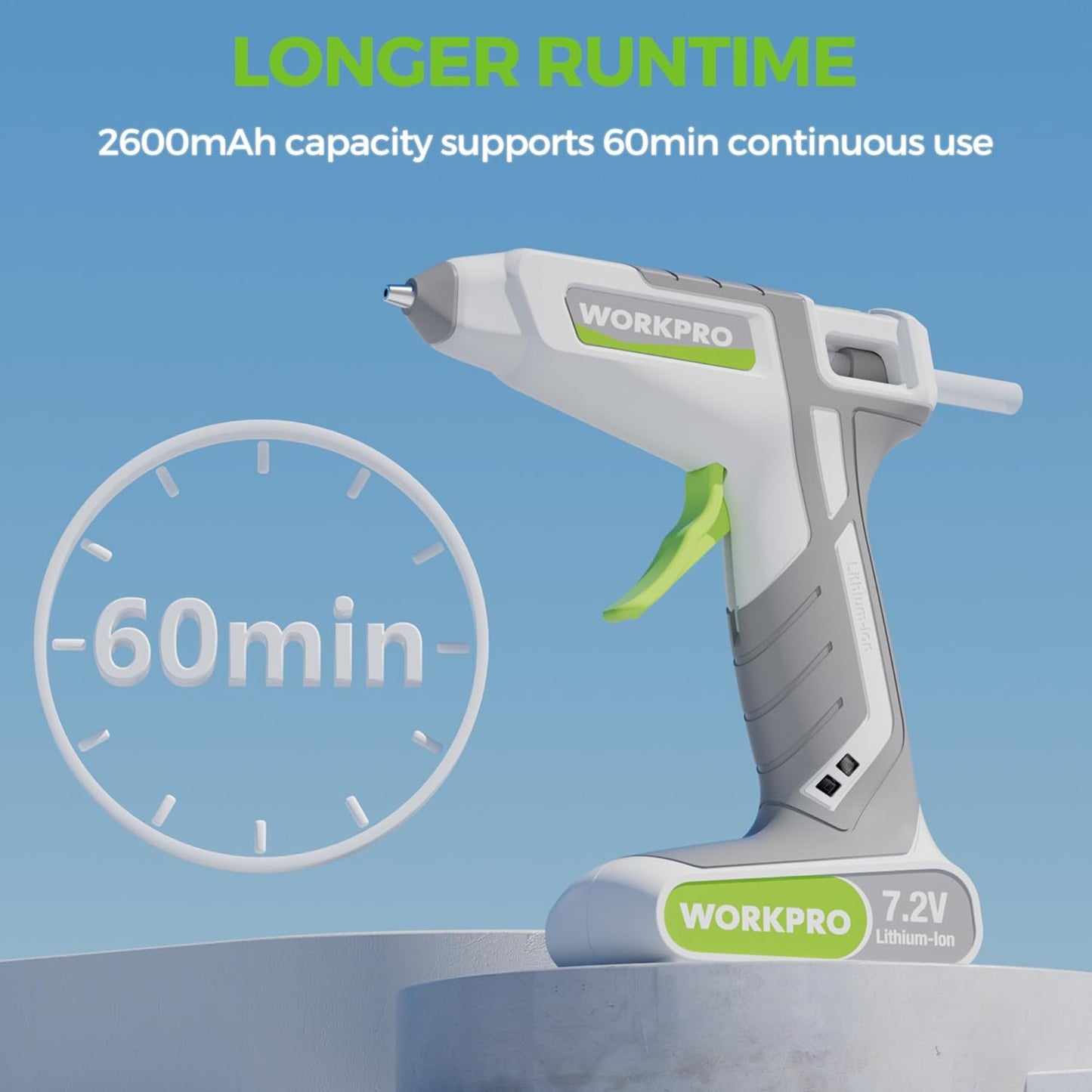 WORKPRO 7.2V Cordless Hot Melt Glue Gun, Rechargeable Fast Preheating Glue Gun Kit with 20 Pc Premium Mini Glue Stick, Automatic-Power-Off for Art, Craft, Decoration, USB Type-C Cable Included