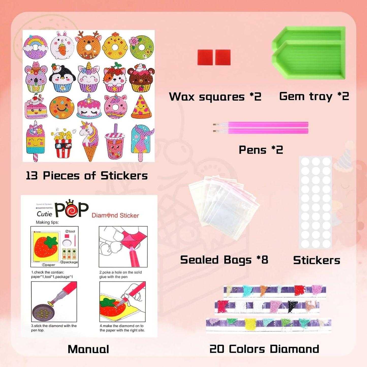 Cymbana Diamond Painting Kits for Kids 20 Pcs Desserts Contains Cupcake, Donut, Ice-Cream, Popcorn, Cookies