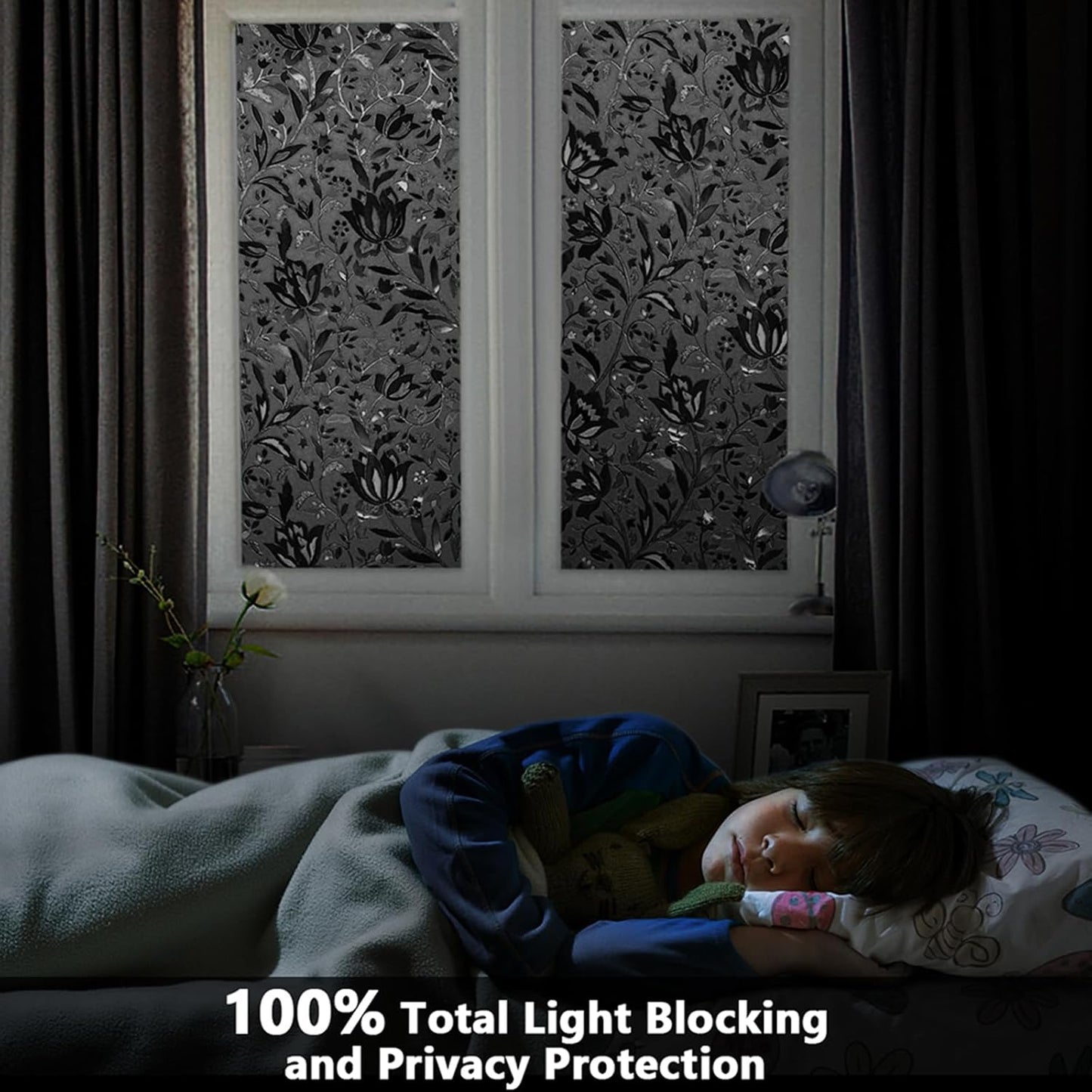 LEMON CLOUD Total Blackout Window Film Privacy Static Cling Frosted Black Window Covering 100% Opaque Film Tint Darkening Removable Film for High Privacy，(Blackout Tulip Design,35.4 x157.4 inches)