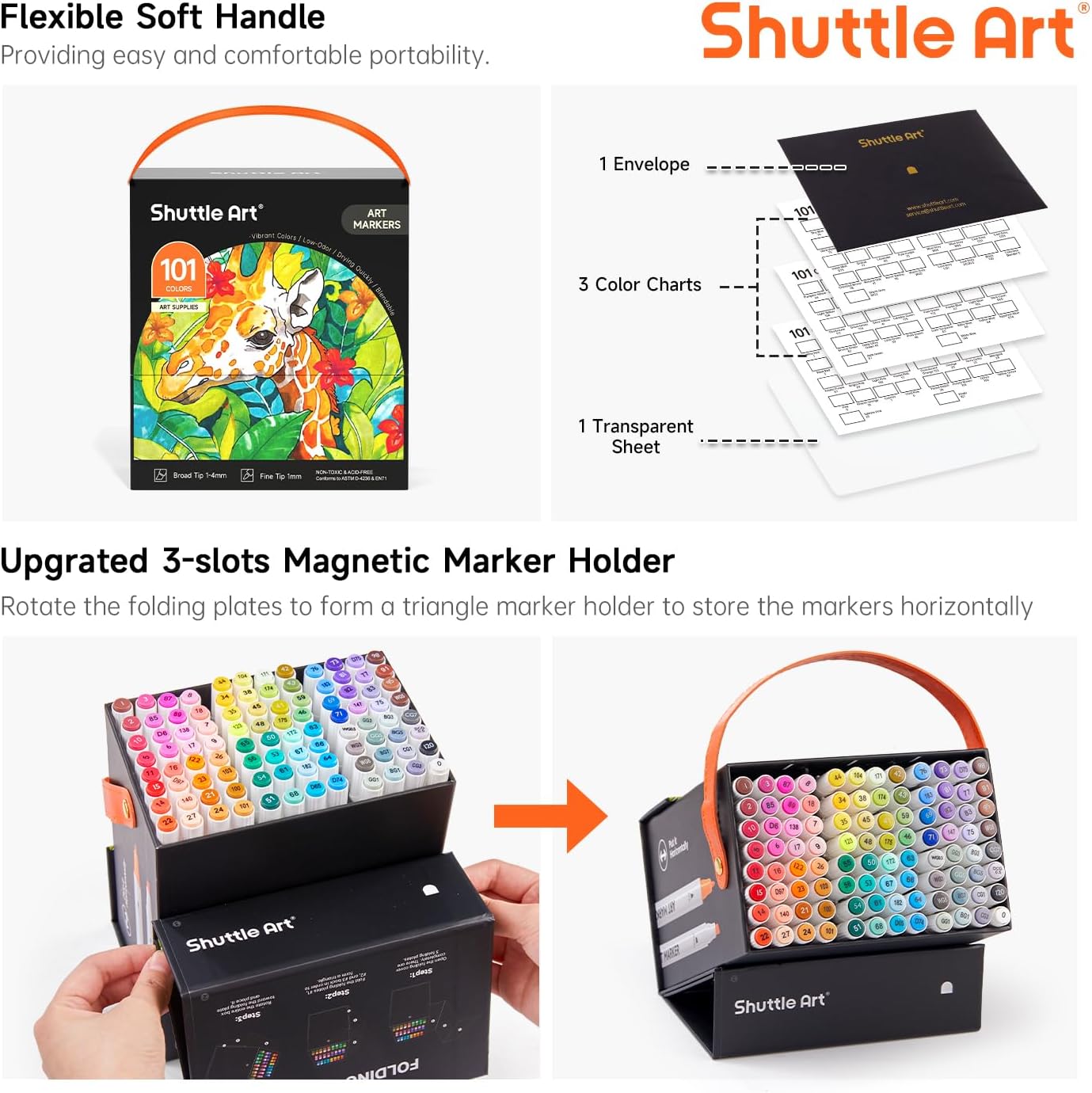 Shuttle Art 101 Colors Alcohol Markers, 100 Colors Dual Tip Art Marker Set Plus 1 Colorless Blender with Marker Case Perfect for Illustration Students Adult Coloring Sketching