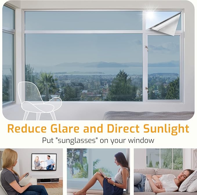 LUTE One Way Window Privacy Film, Window Tint for Home, Sun Blocking UV Heat Blocker, See Out Not in Reflective Mirror Film, Removable Static Cling Glass Door Coverings, Silver, 17.5" x 118.1"
